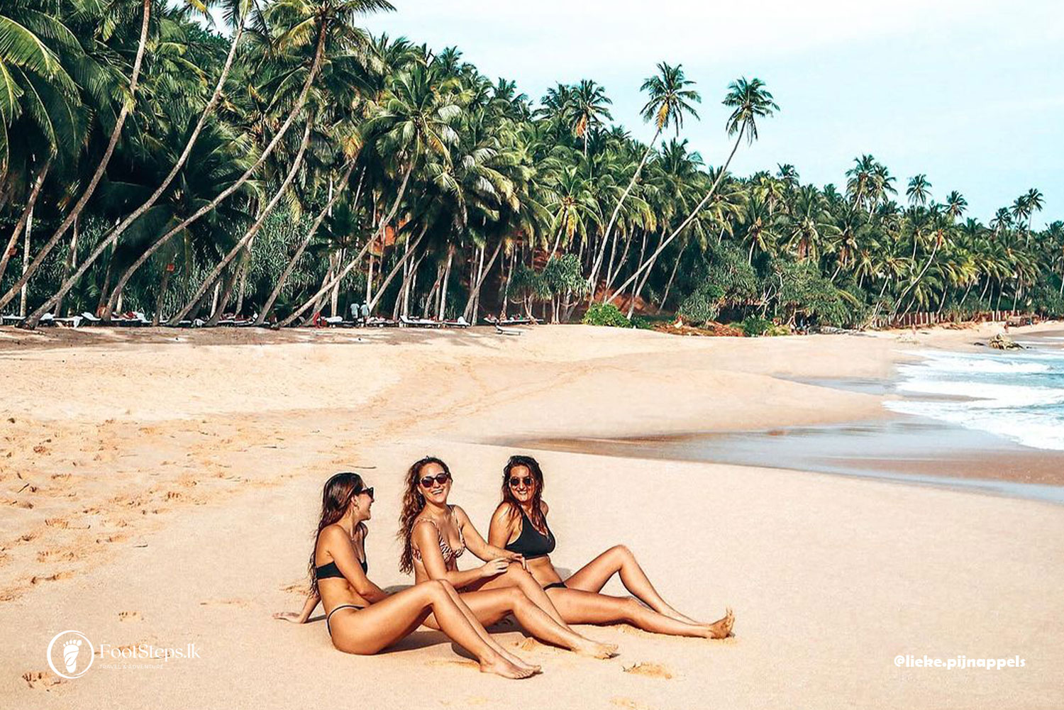 Three bikini girl sitting on the Hiriketiya Beach, Best Beaches in Sri Lanka